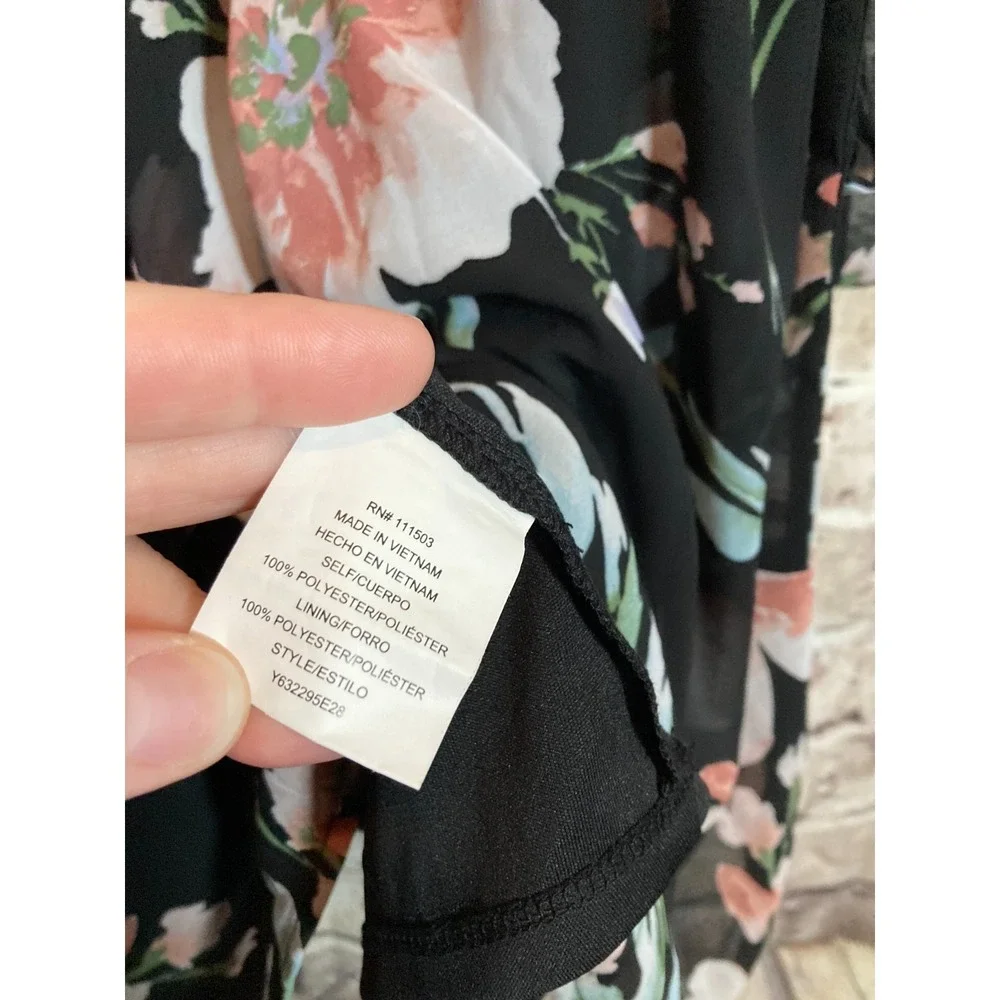 Luxology Dress Womens 14 Dark Romantic Floral Belted Cinched Sleeves Tropical - Picture 11 of 12